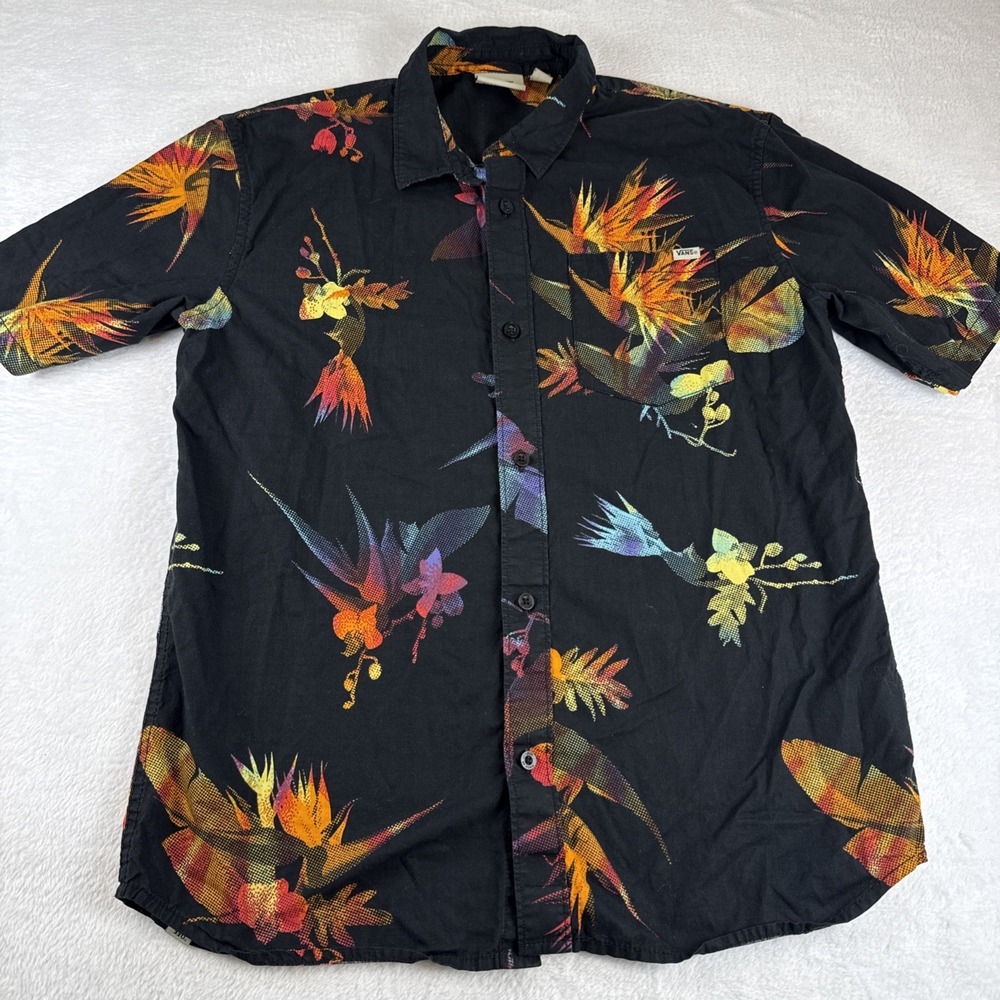 Vans Men Button Up Shirt XL Slim Fit Black Floral Flowers Hawaiian Casual